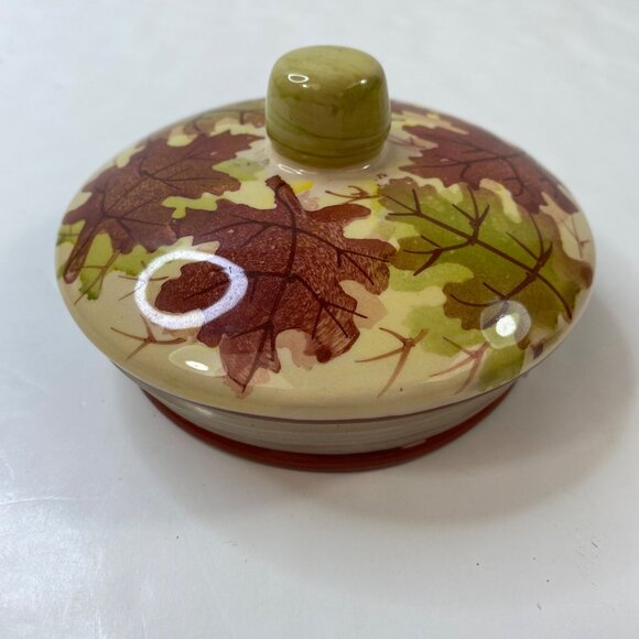 Pier 1 Autumn Ceramic Cookie Jar Yellow Red Brown Leaves Design Kitchen Storage - Picture 5 of 9